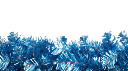 Shiny blue christmas tinsel forming a border on transparent background