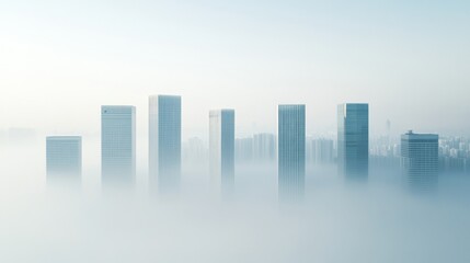 Fototapeta premium Futuristic Urban Skyline in Mist Striking Skyscraper Silhouettes in Soft Morning Light - Ideal for Architectural Firms, Environmental Branding and Modern City Development