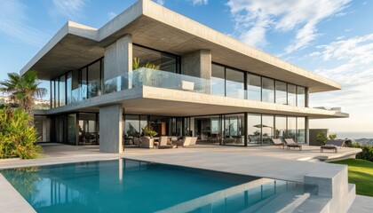 Modern concrete villa with large glass panels swimming pool and wide open terrace with panoramic views