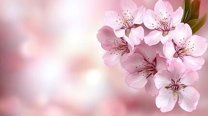 Delicate pink cherry blossoms burst into full bloom, showcasing vibrant colors against a softly blurred natural backdrop