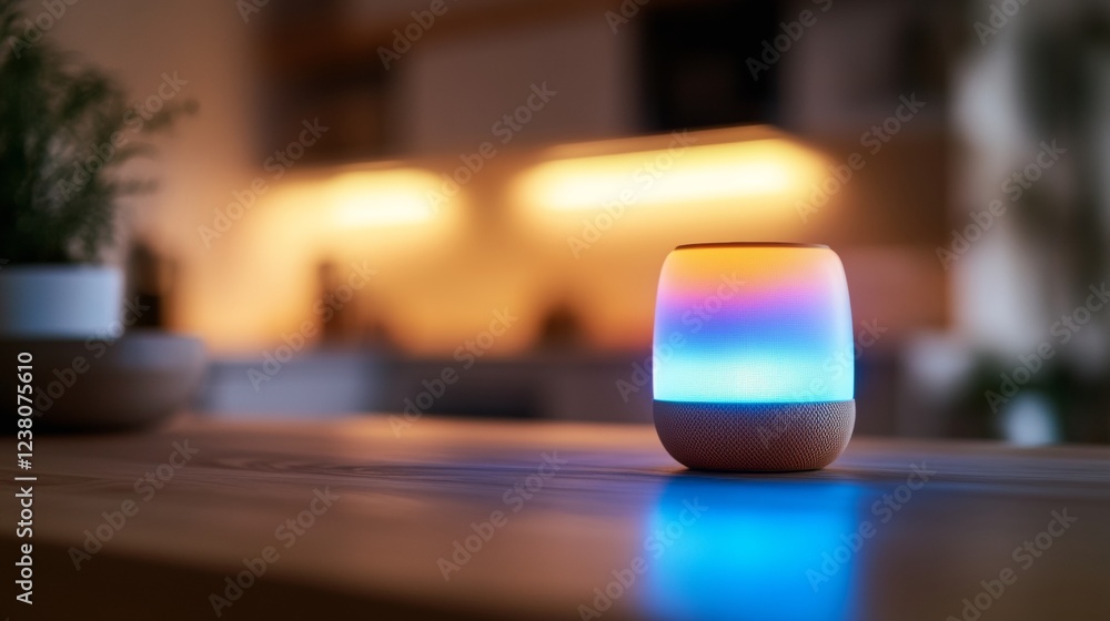 Poster sleek uwb-enabled smart speaker on minimalist wooden shelf metallic finish and warm modern lighting 