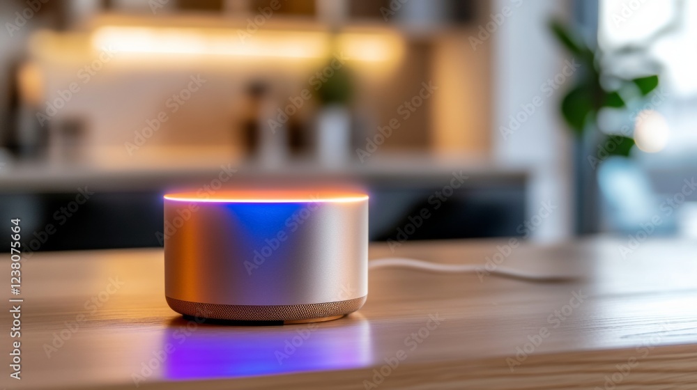 Poster modern smart home aesthetics sleek metallic uwb speaker on timber shelf enhancing connected living w