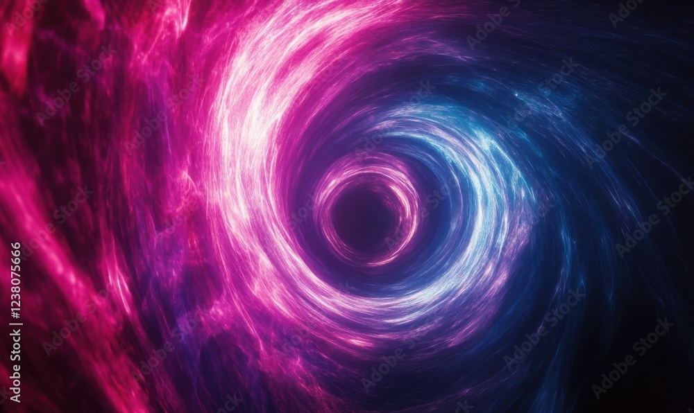 Poster dynamic light trails of vivid magenta and cyan creating a circular vortex, set against a minimalist,