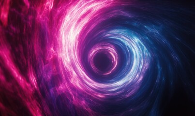 Dynamic light trails of vivid magenta and cyan creating a circular vortex, set against a minimalist, deep black space.