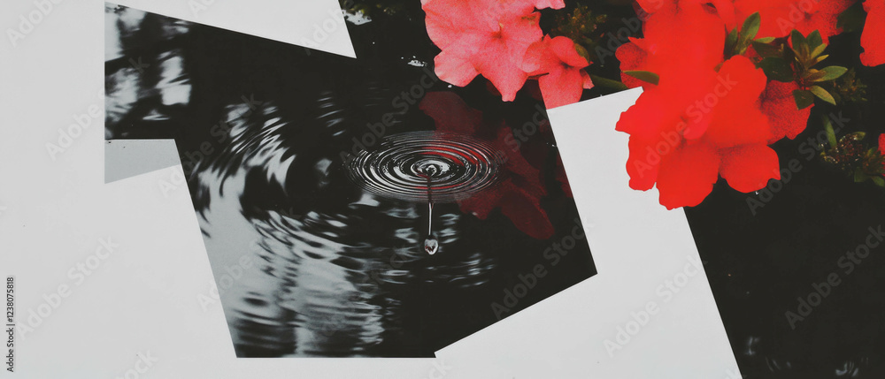 Poster minimalist collage featuring geometric shapes and a raindrop reflection in a puddle
