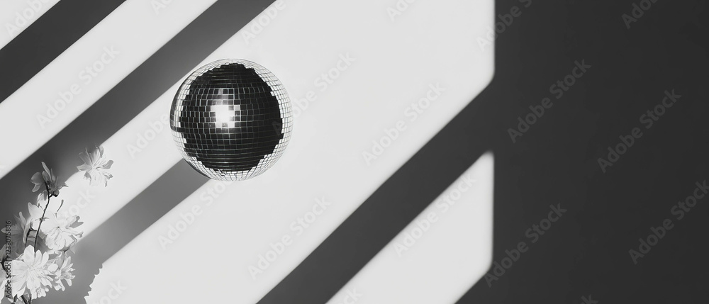 Poster minimalist collage featuring geometric shapes and a disco ball reflecting light patterns
