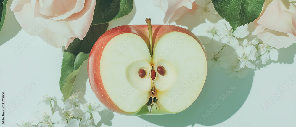 Aufkleber minimalist collage featuring a halved apple and soft floral elements on a white background