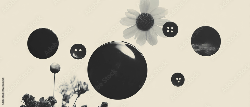 Poster minimalist collage featuring geometric shapes and floral elements with buttons in focus
