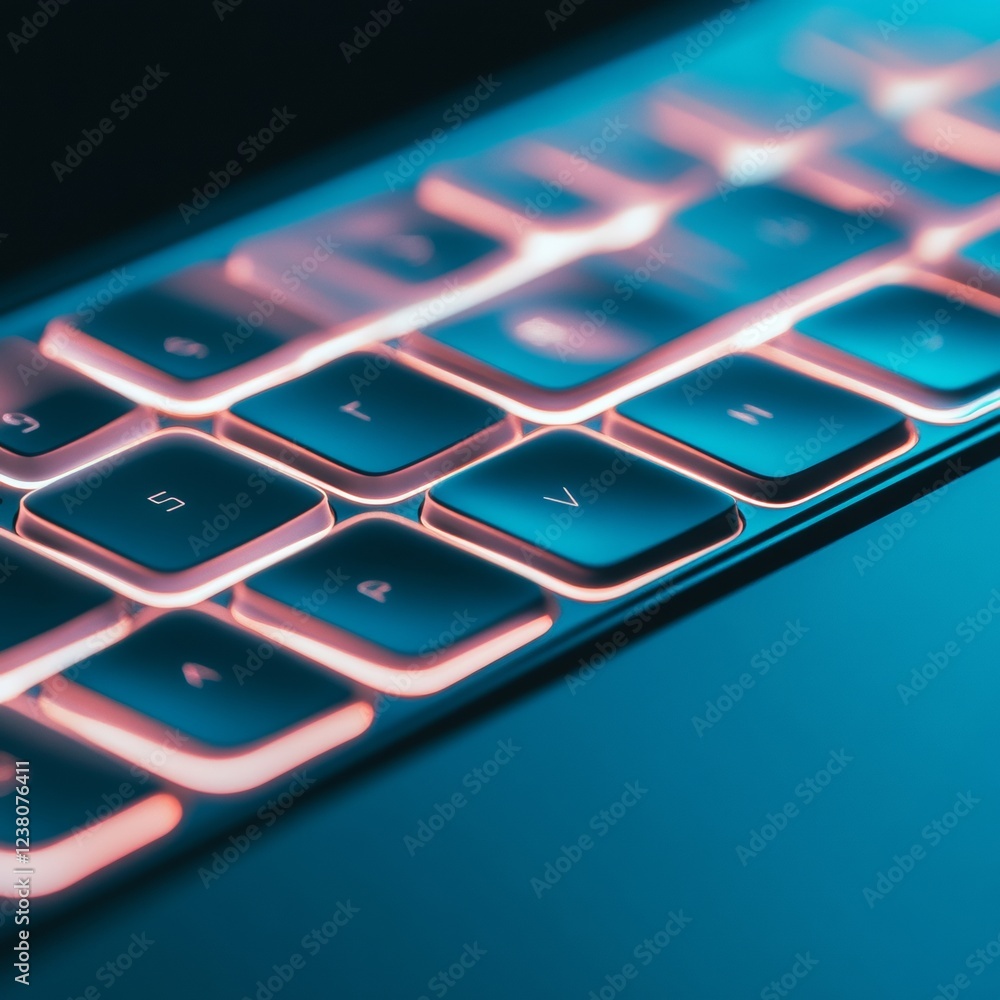 Poster Luminous Tech Keyboard Close-Up Sleek Modern Keys with Neon Accents for Digital Workspaces - Enhance Professional Interface Design and User Interaction