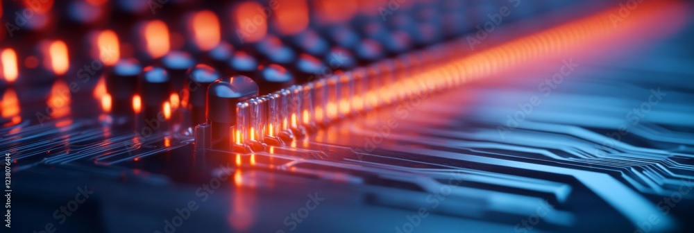 Poster Neon Cyber Circuit Close-Up of Digital Circuit Board with LED Glow - Cutting-Edge Tech Innovation for Electronics Industry and Digital Marketing Solutions