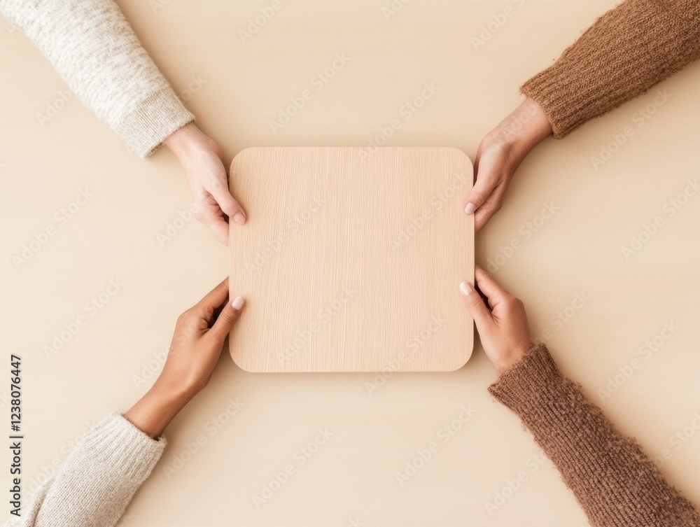 Poster minimalist collaborative workspace diverse professional team with wooden presentation board for mode