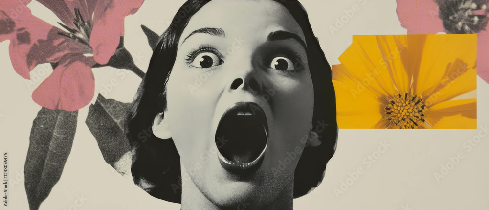 Aufkleber surprised expression collage with geometric shapes and floral elements on white background