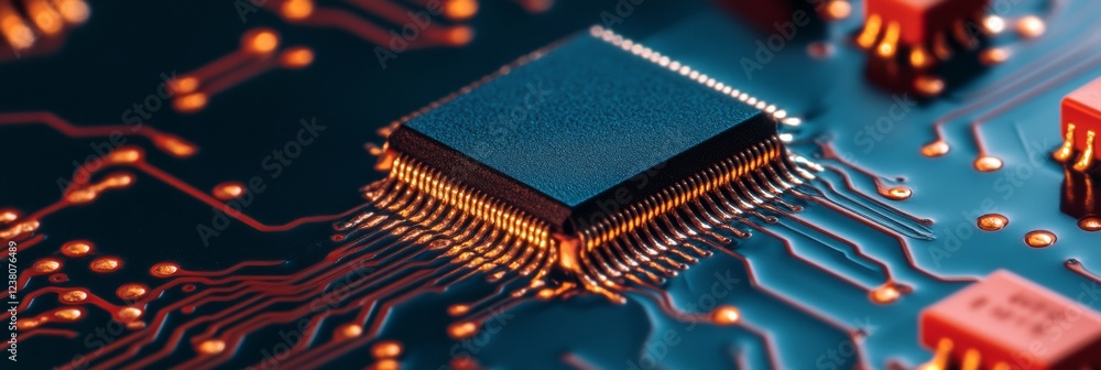 Aufkleber Futuristic Circuit Board Aesthetic Close-Up of Microchip with Copper Traces - Digital Innovation in Tech and Electronics Industry for Enhanced Connectivity Solutions
