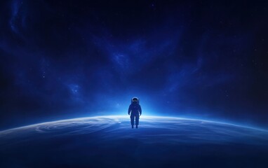A lone astronaut floating in space above Earth, viewed from a distance. The astronaut is in a bright, modern spacesuit with a reflective helmet, drifting in the vastness of space. 