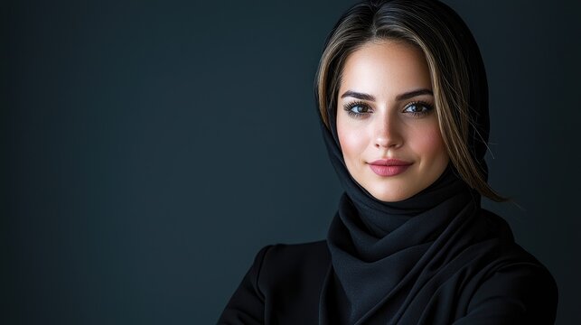 Confident woman, hijab, dark background, portrait, business