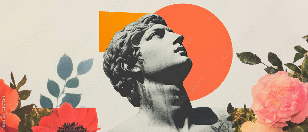 Poster minimalist collage blending geometric shapes and floral elements with a pulsating statue form