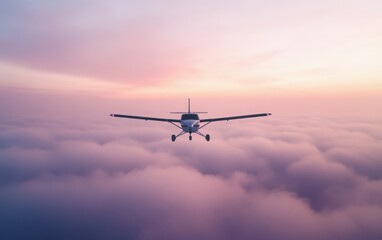 A small propeller plane gliding above layers of misty clouds, with a painterly, dreamy effect. 