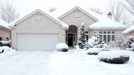 Snowy suburban home, winter landscape, holiday wreath