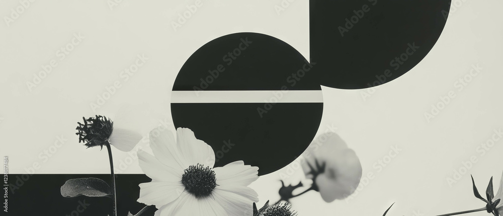 Poster Minimalist collage featuring geometric shapes and a digital audio player pause button