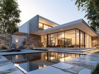 Fototapeta premium Modern villa exterior with stone pool area minimalist design and sleek glass terrace under soft sunlight