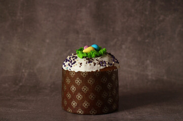 Easter cupcake with white icing and colorful eggs on dark background