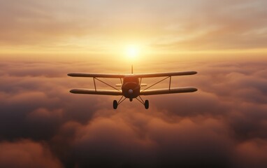 Fototapeta premium A vintage airplane flying high above the clouds, captured from a top-down perspective. The soft, golden light of the setting sun bathes the scene in warm pastel hues