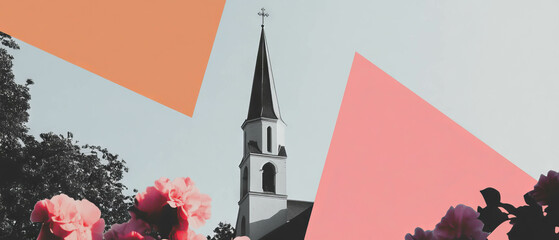 Minimalist collage featuring a church steeple and geometric shapes against a floral background