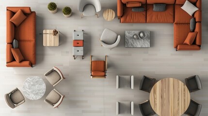 table and chairs with sofa top view.