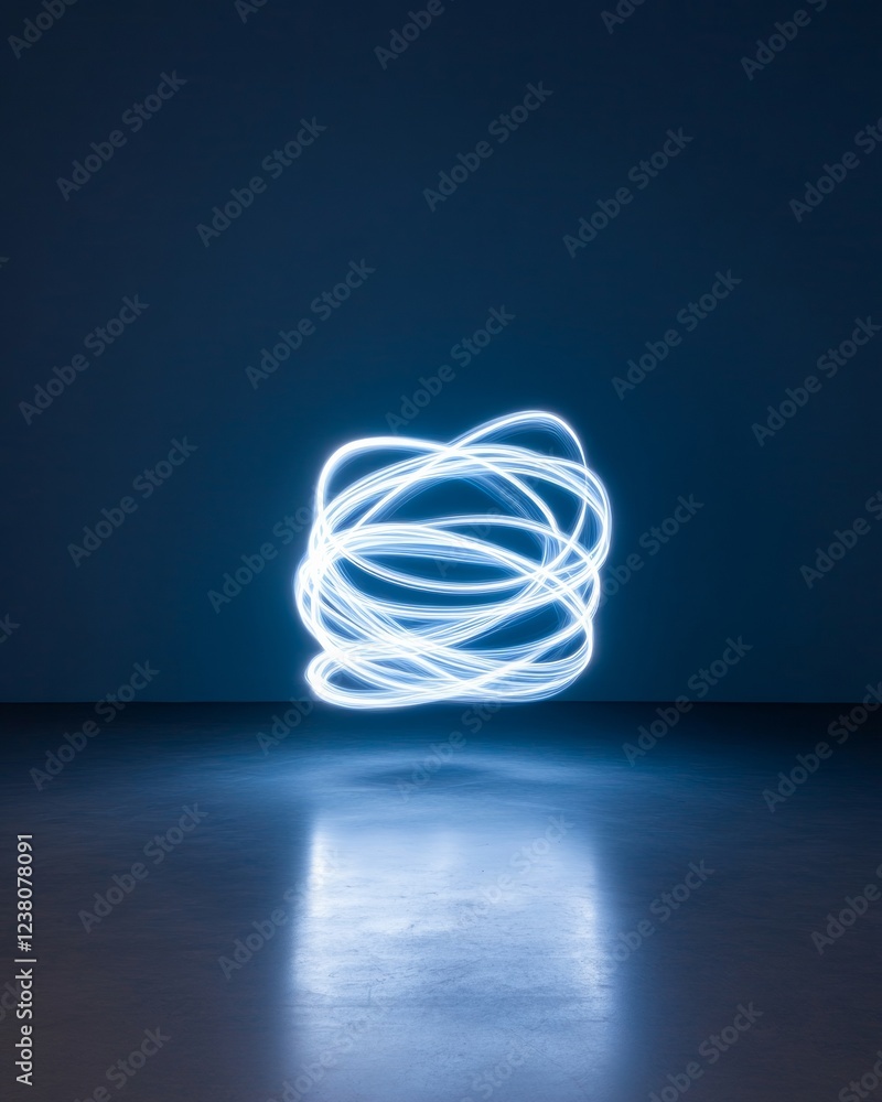 Poster Dynamic Light Art Installation Contemporary LED Swirls on Reflective Surface - Visual Content for Tech Branding and Experiential Event Design