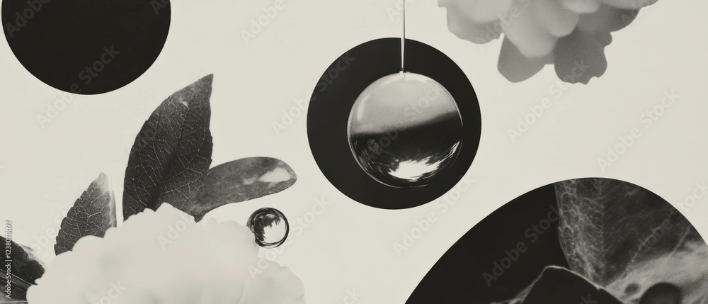 Poster minimalist collage highlighting a raindrop poised to fall from a leaf in calmness