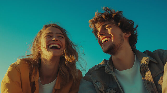 A couple is smiling and laughing together on a sunny day