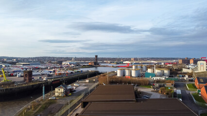 Fototapeta premium Aerial view of industrial area around port