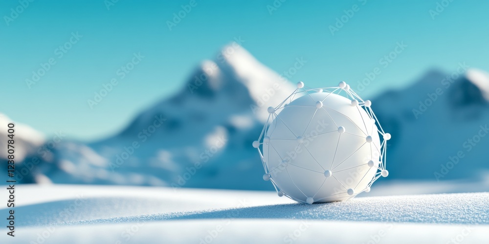 Aufkleber Futuristic Molecular Structure Display Innovative Sphere with Connection Lines on Snowy Landscape - Cutting-Edge Visualization for Tech RandD and Scientific Marketing