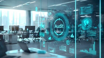 A modern corporate office environment with holographic display of audit and compliance metrics data analytics and financial statistics shown on the walls