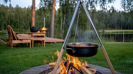 A black cast-iron pot simmers on a metal stand over a crackling campfire in a serene forest, perfect for outdoor cooking