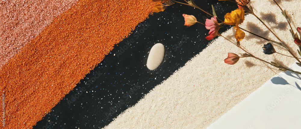 Poster exploring simplicity with geometric shapes and nature's details in a minimalist collage