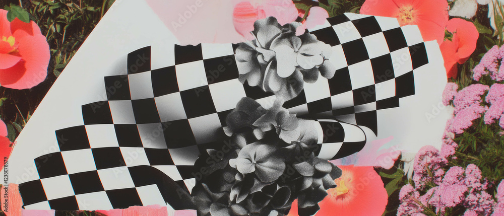 Poster minimalist collage featuring geometric shapes and flowers with a distorted checkerboard pattern