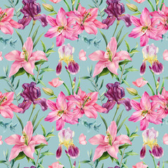 seamless floral pattern with pink lilies, irises and butterfly. Watercolor flowers botanical design, nature background