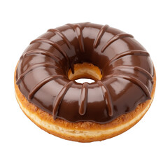 Chocolate glazed doughnut, round pastry with rich chocolate icing, perfect for a sweet treat or dessert highlight. Isolated on white background or PNG