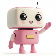 robot assistant in pastel pink and white, with cheerful eyes and a waving arm, placed on a bright white background