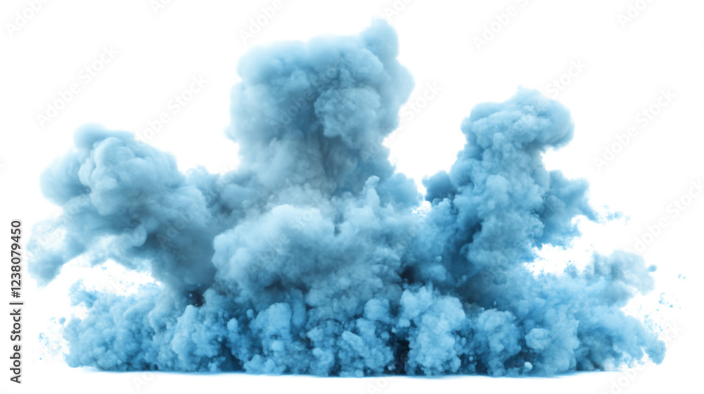 Poster realistic blue smoke exploding creating a dense cloud on transparent background