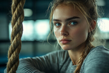 Pensive young female boxer gazes into the distance resting against the ropes in the ring embodying determination and focus during her gym training session