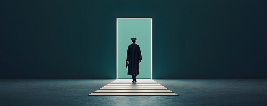 A young graduate silhouetted against a dramatic backlit scene steps onto a glowing diploma shaped path symbolizing the journey of achievement opportunity and future success