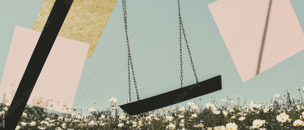 Poster minimalist collage featuring an empty swing set surrounded by geometric shapes and flowers