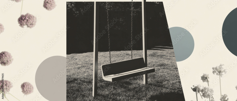 Aufkleber collage of an empty swing set surrounded by geometric shapes and floral elements in minimalism