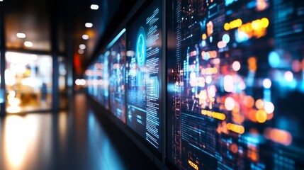 Futuristic digital display in modern technology space showcasing vibrant data visualizations