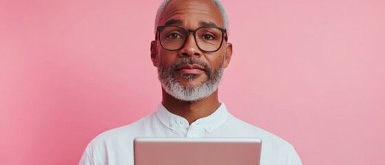 Contemporary Minimalism Professional Portrait of Mature Male using Tablet, Clean Pink Backdrop - Digital Workplace Content for Innovative Business Visualization