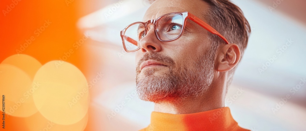 Poster vibrant digital workplace portrait modern man in orange turtleneck and glasses - tech and business i