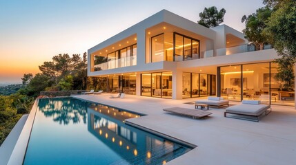 Fototapeta premium Stunning exterior view of modern minimalist villa with pool and patio in golden hour lighting clean lines HD image