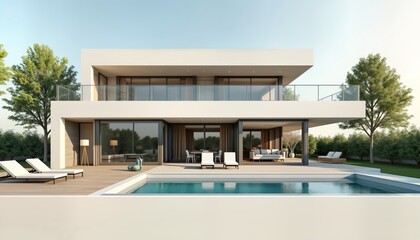Fototapeta premium Modern house with pool, deck. Exterior view of luxury home with large windows, glass balcony overlooking pool area. Outdoor patio furniture, trees surround home. Relaxing environment, high-end design